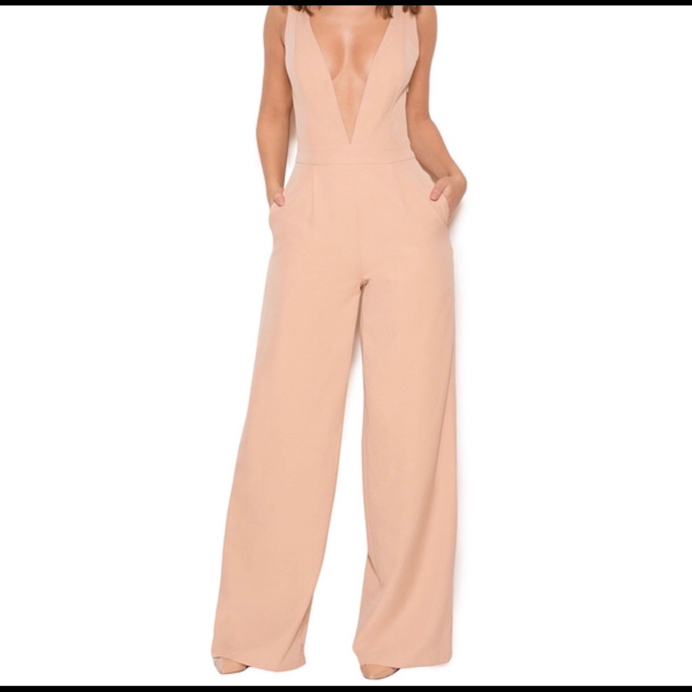 House of CB “Marwa Blush Deep V Wide Leg Jumpsuit”